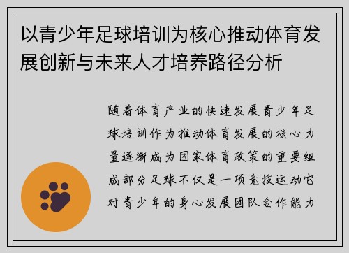 以青少年足球培训为核心推动体育发展创新与未来人才培养路径分析