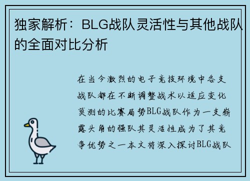 独家解析：BLG战队灵活性与其他战队的全面对比分析
